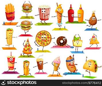 Cartoon fast food characters on yoga fitness sport. Vector french fries, burger, pop corn, cocktail and burrito, pizza, donut, cake and ice cream, tacos, coffee or soda drink, nachos or hot dog. Cartoon fast food character on yoga fitness sport