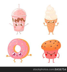 Cartoon fast food. Cute drink and snack characters with cheerful facial expressions. Happy strawberry milkshake with chocolate topping, vanilla ice cream in waffle cone, donut and muffin vector set. Cartoon fast food. Cute drink and snack characters with cheerful facial expressions. Happy strawberry milkshake