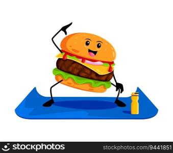 Cartoon fast food hamburger character on yoga fitness sport. Fast food cafe burger happy mascot, street menu dish or takeaway restaurant meal isolated vector cute personage doing fitness on mat. Cartoon fast food hamburger cute character on yoga