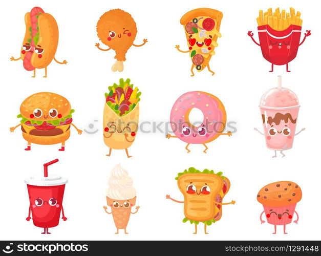 Cartoon fast food mascots. Street food character, french fries and ...