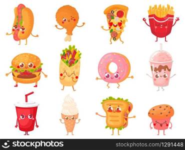 Cartoon fast food mascots. Street food character, french fries and pizza mascot vector illustration set. Character mascot fast food, sausage and sandwich, pizza and beverage. Cartoon fast food mascots. Street food character, french fries and pizza mascot vector illustration set