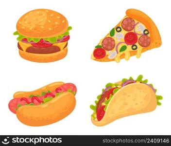 Cartoon fast food meal. Pizza with salami, mushrooms and tomato, burger with grilled meat and vegetables, hot dog with sausage and ketchup, taco. Delicious lunch or dinner vector set. Cartoon fast food meal. Pizza with salami, mushrooms and tomato, burger with grilled meat and vegetables