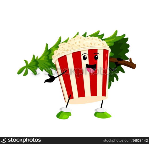 Cartoon fast food popcorn bucket character with Christmas pine tree. Merry Xmas holiday fast food snack funny personage, New Year greeting or Christmas celebration isolated vector cute character. Cartoon popcorn character with Christmas tree