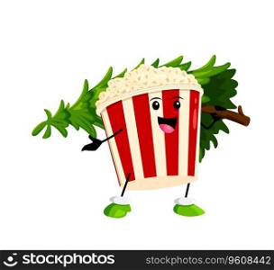 Cartoon fast food popcorn bucket character with Christmas pine tree. Merry Xmas holiday fast food snack funny personage, New Year greeting or Christmas celebration isolated vector cute character. Cartoon popcorn character with Christmas tree
