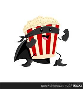 Cartoon fast food popcorn superhero character. Cinema salty snack hero childish mascot, fast food dessert defender or takeaway popcorn superhero funny isolated vector personage in mask and cape. Cartoon fast food popcorn superhero character