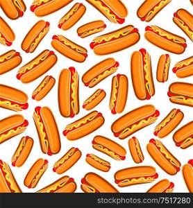 Cartoon fast food sandwiches pattern with seamless takeaway hot dogs with smoked sausages and mustard sauce on whole grain buns over white background. Great for fast food theme or cafe interior design. Fast food hot dog sandwiches seamless pattern