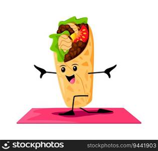 Cartoon fast food shawarma character on yoga fitness sport. Fast food cafe burrito or shawarma funny mascot, Mexican street restaurant meal or isolated vector happy personage squatting on yoga mat. Cartoon fast food shawarma cute character on yoga