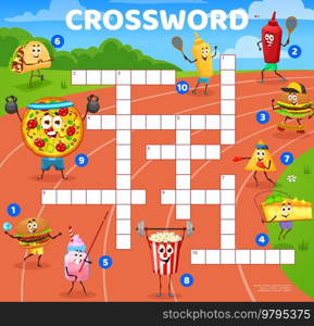 Cartoon fast food sportsman characters on running track. Crossword quiz grid. Word search, crossword grid game vector worksheet with tacos, pizza and burger, popcorn, cake personages doing fitness. Crossword cartoon fastfood sportsman characters