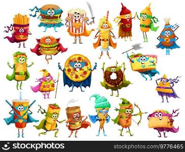 Cartoon fast food super hero and defender characters. Vector french fires, pizza, popcorn, burger, sauce, shawarma and tacos, burrito, hot dog, ice cream, donut and soda drink, coffee, cheeseburger. Cartoon fast food super hero defender characters
