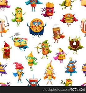 Cartoon fast food superhero and defender personages seamless pattern. Fastfood mascots fabric print, takeaway meals vector wallpaper with pizza, hotdog, cake and coffee, hamburger, burrito characters. Cartoon fast food hero personages seamless pattern