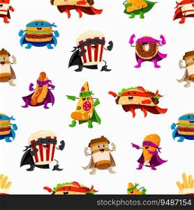 Cartoon fast food superhero characters pattern. Vector seamless background with burger, pop corn, taco, coffee cup and donut. Chicken leg, pizza and nachos fastfood personages in super hero costumes. Cartoon fast food superhero characters pattern