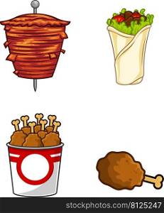Cartoon Fast Foods. Vector Hand Drawn Collection Set Isolated On White Background