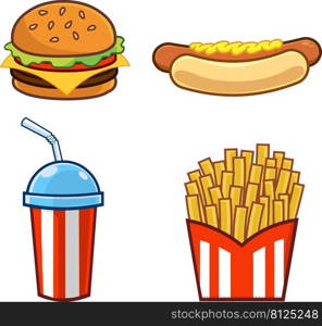 Cartoon Fast Foods. Vector Hand Drawn Collection Set Isolated On White Background