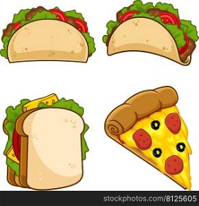Cartoon Fast Foods. Vector Hand Drawn Collection Set Isolated On White Background