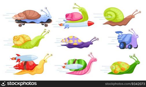 Cartoon fast snails. Turbo rocket fast-moving snail, playful gastropod on skateboard, slow run and humorous race vector illustration set. Funny animals characters in hurry with colorful shells. Cartoon fast snails. Turbo rocket fast-moving snail, playful gastropod on skateboard, slow run and humorous race vector illustration set