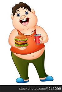 Cartoon fat man holding a hamburger with drinking soda