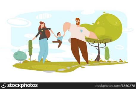 Cartoon Father and Mother Playing with Son in Garden. Parents Tossing Kid on Hands. Natural Scene. Happy Family Craft People Characters. Open Air. Rest in Countryside. Vector Eco Cutout Illustration. Happy Father and Mother Playing with Son in Garden