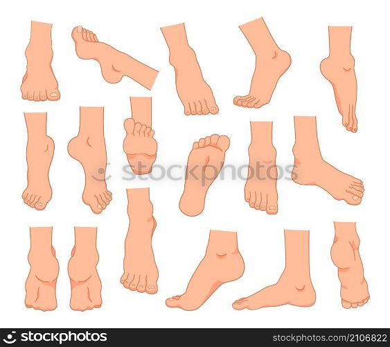 Cartoon feet. Men and women barefoot ankles and fingers. Legs positions. Young caucasian person limbs. Bare toes with nails and heels. Slender sole. Vector isolated human body anatomy elements set. Cartoon feet. Men and women barefoot ankles and fingers. Legs positions. Caucasian person limbs. Bare toes with nails and heels. Slender sole. Vector human body anatomy elements set