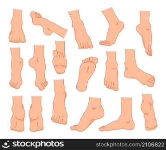 Cartoon feet. Men and women barefoot ankles and fingers. Legs positions. Young caucasian person limbs. Bare toes with nails and heels. Slender sole. Vector isolated human body anatomy elements set. Cartoon feet. Men and women barefoot ankles and fingers. Legs positions. Caucasian person limbs. Bare toes with nails and heels. Slender sole. Vector human body anatomy elements set