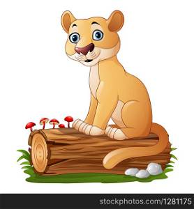 Cartoon feline sitting on tree log