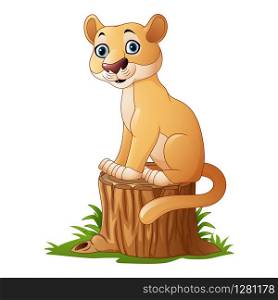Cartoon feline sitting on tree stump