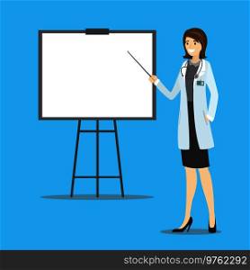 cartoon female caucasian doctor and presentation stand, stock vector illustration.. cartoon female caucasian doctor and presentation stand