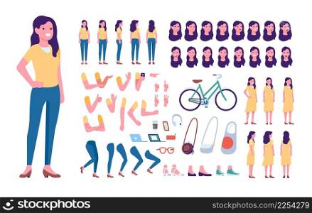 Cartoon female character kit. Happy woman in casual clothes. Cute girl standing in different poses. Face emotion expressions and hand gestures. Vector set of individual body parts and accessories. Cartoon female character kit. Woman in casual clothes. Girl standing in different poses. Face emotion expressions and hand gestures. Vector set of individual body parts and accessories