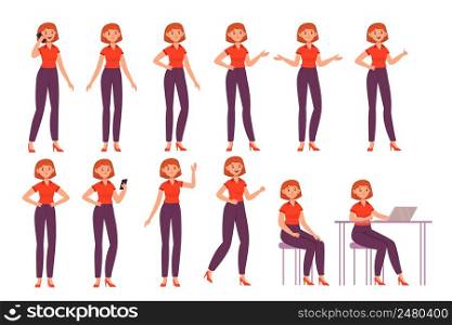 Cartoon female character poses. Happy woman in different poses, actions and emotions, standing and sitting, working on computer, casual clothes, in t-shirt and trousers, gadgets using vector set. Cartoon female character poses. Happy woman in different poses, actions and emotions, standing and sitting, working on computer, casual clothes, in t-shirt and trousers vector set
