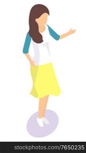 Cartoon female character template. Girl with brown hair wearing yellow skirt and white shirt with blue sleaves. Woman personage figure without face 3D vector. Cartoon Female Character, Woman Template Vector