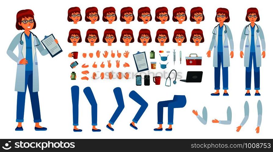 Cartoon female doctor creation kit. Medic woman kit, healthcare doctors profession character and pharmacist woman. Medicine healthcare girl worker or nurse emotions. Isolated vector icons set. Cartoon female doctor creation kit. Medic woman kit, healthcare doctors profession character and pharmacist woman vector set