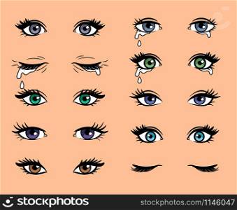 Cartoon female eyes. Colored vector closeup eyes of beautiful women for manga or pop art style. Cartoon pop art female eyes