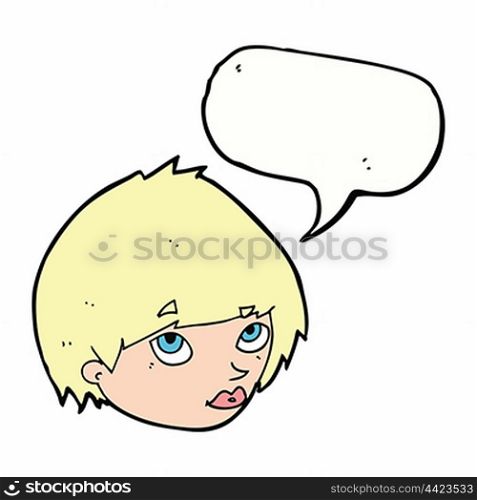 cartoon female face looking up with speech bubble