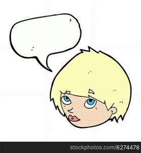cartoon female face looking up with speech bubble
