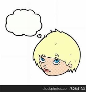 cartoon female face looking up with thought bubble