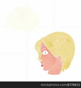 cartoon female face staring with thought bubble