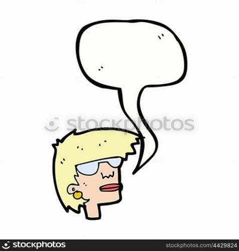 cartoon female face with glasses with speech bubble