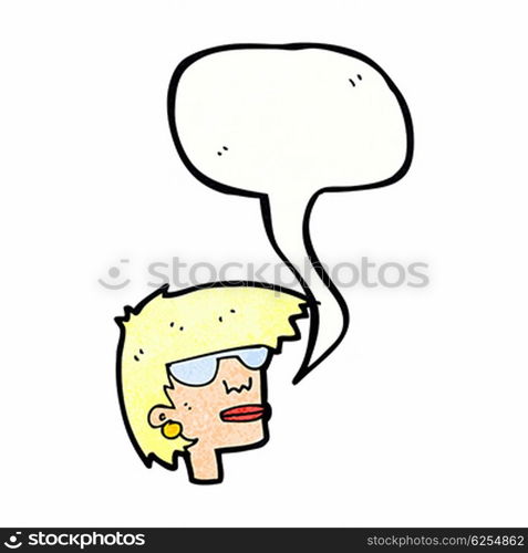 cartoon female face with glasses with speech bubble