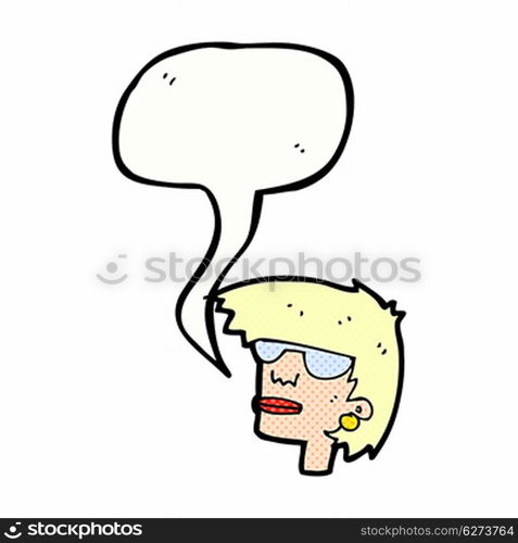 cartoon female face with glasses with speech bubble