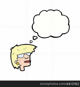 cartoon female face with glasses with thought bubble