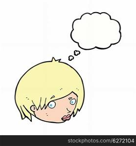 cartoon female face with raised eyebrow with thought bubble