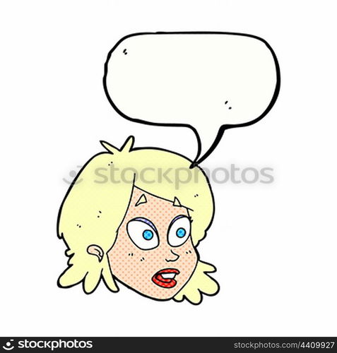 cartoon female face with surprised expression with speech bubble