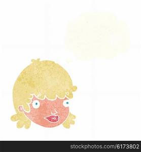 cartoon female face with surprised expression with thought bubble