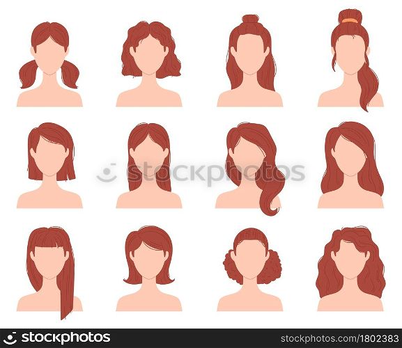 Cartoon female fashion hairstyle for short, long and curly hair. Woman head with haircuts, ponytail and bun. Flat girl hairstyles vector set. Illustration of female haircut portrait, cartoon hairstyle. Cartoon female fashion hairstyle for short, long and curly hair. Woman head with haircuts, ponytail and bun. Flat girl hairstyles vector set