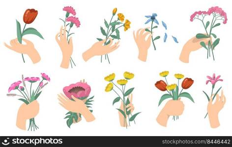 Cartoon female hands holding flower bouquets. Set of tulips, carnations, fresh garden and field flowers. Vector illustrations for blossom, romantic decoration, flora concept