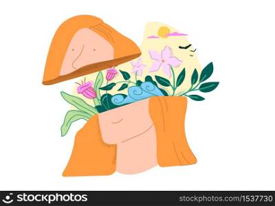 Cartoon female head with beautiful flower bouquet and landscape isolated on white background. Woman portrait with scenery inside brain vector graphic illustration. Concept of mind self personality. Cartoon female head with beautiful flower bouquet and landscape isolated on white background