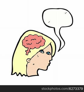 cartoon female head with brain symbol with speech bubble