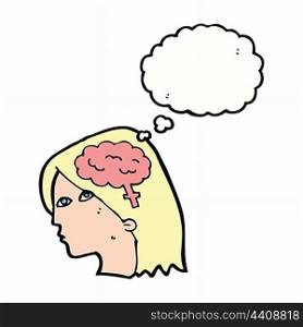 cartoon female head with brain symbol with thought bubble