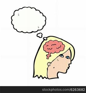 cartoon female head with brain symbol with thought bubble