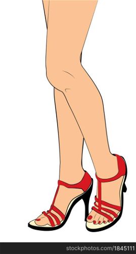 Cartoon female legs in red summer sandals, retro pop art style