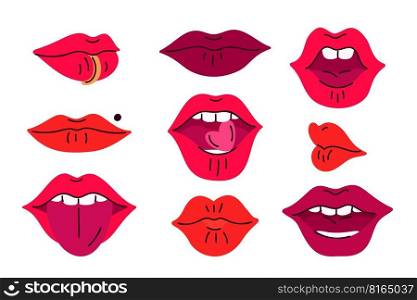 Cartoon female mouth expressions. Red cosmetic lipstick. Smiling plump sexy lips piercing. Different shapes and bright shades. White even teeth. Sticking out tongue. Woman beauty. Garish vector set. Cartoon female mouth expressions. Red cosmetic lipstick. Smiling plump sexy lips piercing. Different shapes and bright shades. White even teeth. Sticking out tongue. Garish vector set
